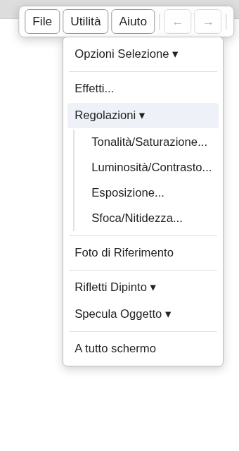 Menu Utilità aperto, con il sottomenu Regolazioni espanso