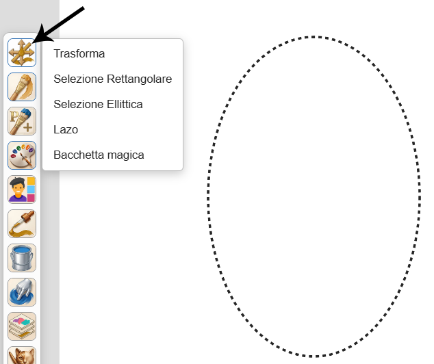 Menu a comparsa con gli strumenti di trasformazione e selezione